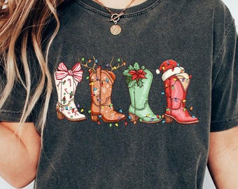 Comfort Colors Christmas Cowboy Boots T-Shirt, Western Holiday Tee