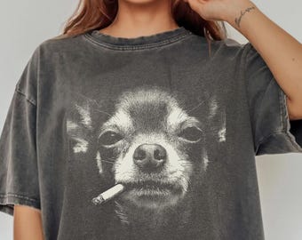 Comfort Colors Smoking Chihuahua Shirt, Vintage Y2K Grunge Dog Graphic Tee, Funny Edgy Meme Gift