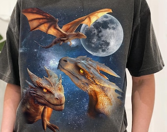 T-shirt dragon lune couleurs confort, chemise graphique dragon, cadeau vintage pour amoureux des dragons