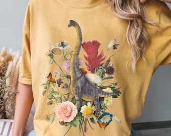 Comfort Colours-shirt met dinosaurusboeket, cottagecore-stijl