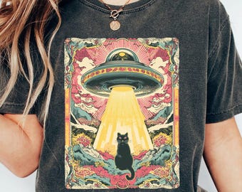 Retro UFO Katzen Entführung T-Shirt, Vintage Weltraum Katzen Shirt