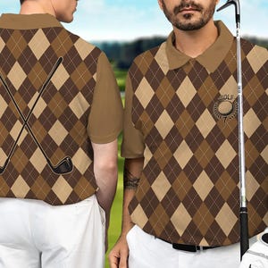 Golf Men Polo Shirt, Brown Argyle Polo Shirt, Golf Polo Shirt For Men
