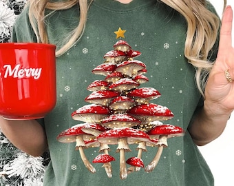 Comfort Colors Mushroom Christmas Tree Shirt, Cottagecore Style