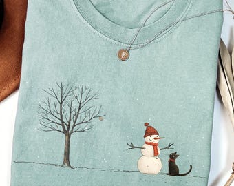 Comfort Colors Christmas Snowman and Cat Shirt, Unisex Heavyweight Cotton Tee