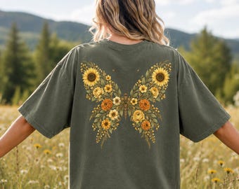 Butterfly Sunflower Back Print Shirt, Pressed Floral Design, Cottagecore Nature Shirt for Women