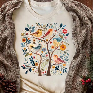 Cottagecore Birds and Flowers Shirt, Scandinavian Folk Art, Bella Canvas
