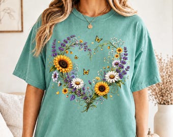 Comfort Colors  Wildflower Garden Shirt, Botanical Sunflower Tee, Nature Lover Gift for Women Gardeners