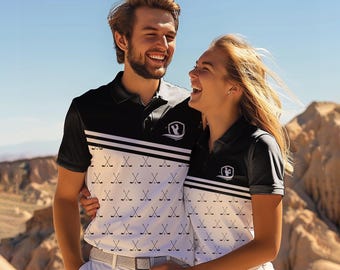 Couple&#39;s Golf Polo Shirt: Black & White Crossed Clubs