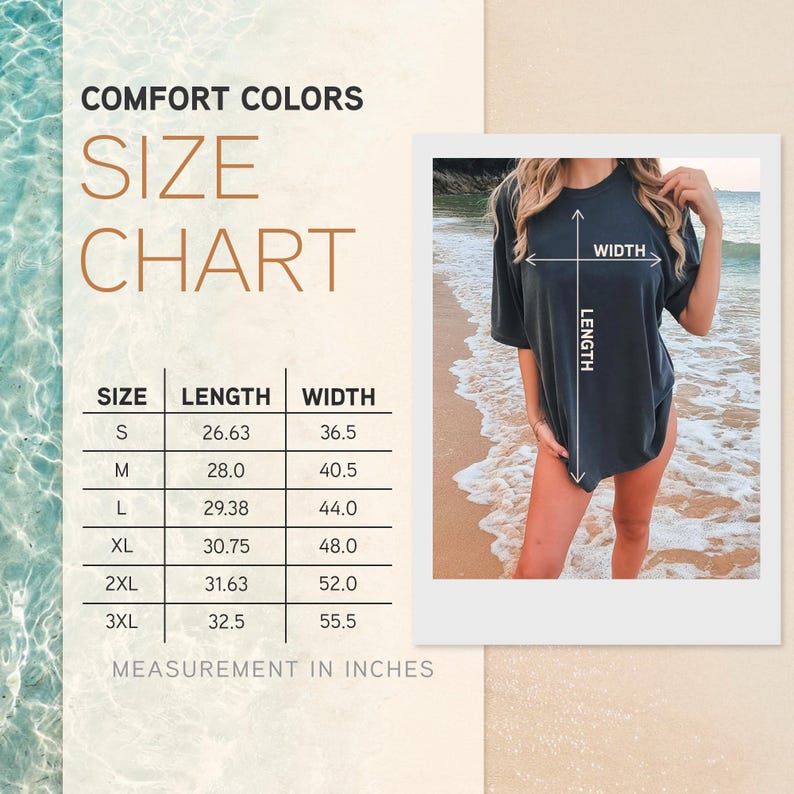 May include: A size chart for Comfort Colors t-shirts, with measurements in inches. The chart includes sizes S to 3XL, with length and width dimensions. A photo of a person wearing a dark gray t-shirt is on the right.
