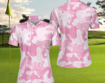 Camisa polo feminina de golfe: estampa camuflada rosa, corte slim