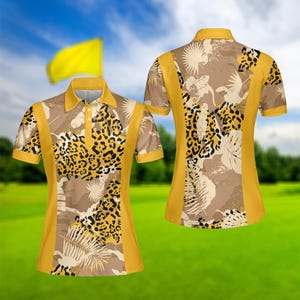 Women Golf Shirt, Gold Leopard Pattern Polo Shirt, Golf Lover Shirt, Golf Matching Team  Shirt