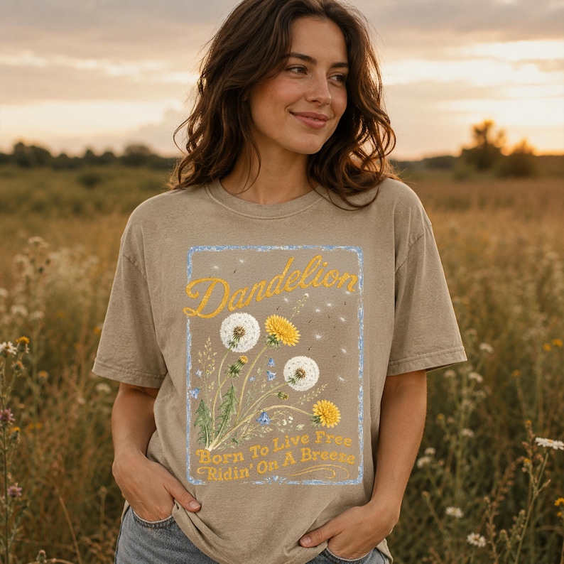 May include: A tan t-shirt featuring a dandelion design with the word "Dandelion" in yellow script. The design includes white and yellow dandelions, blue flowers, and the text "Born To Live Free Ridin' On A Breeze."