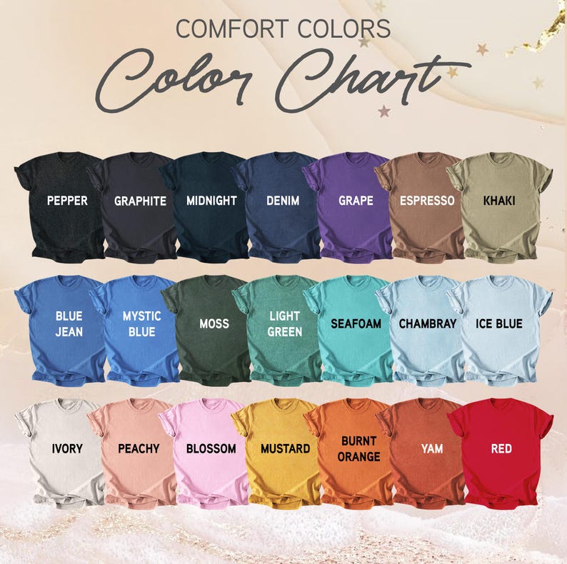 May include: A color chart displays a variety of t-shirts in different colors. The shirts are arranged in rows, with each shirt labeled with its color name, including Pepper, Graphite, Midnight, Denim, Grape, Espresso, Khaki, Blue Jean, Mystic Blue, Moss, Light Green, Seafoam, Chambray, Ice Blue, Ivory, Peachy, Blossom, Mustard, Burnt Orange, Yam, and Red.