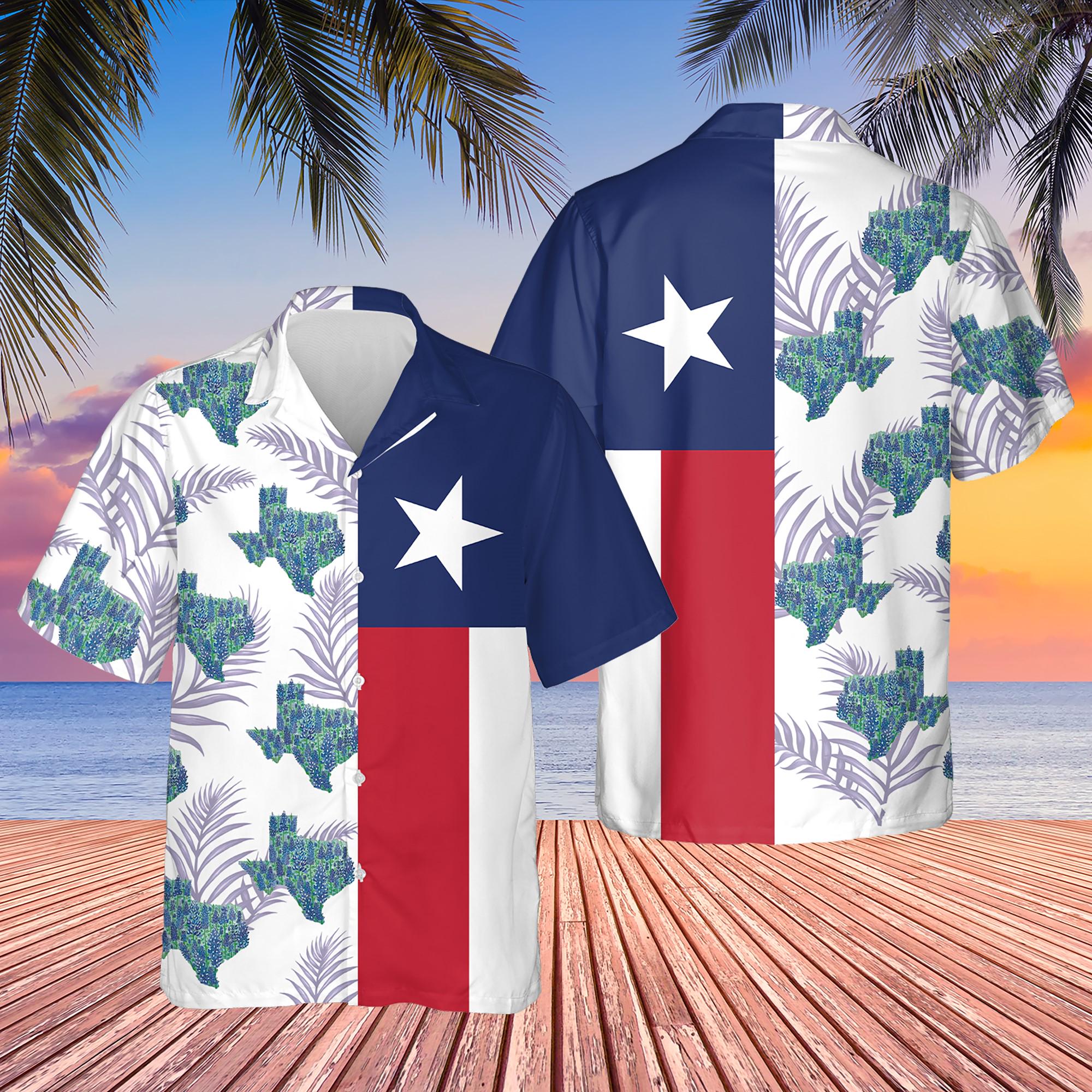 Discover Bluebonnet Texas Hawaiian Shirt - Floral Texas Flag, Summer Beachwear