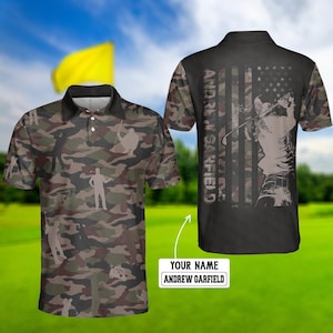 Golf Polo Men Shirt, Silhouette Golf Custom Polo Shirt, American Flag Polo Shirt, Golf Shirt For Men