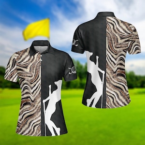 Women Black Golf Polo Shirt, Zebra Pattern Golf Polo Shirt, Gift For Golfer, Women Golf Shirt, Birthday Gift