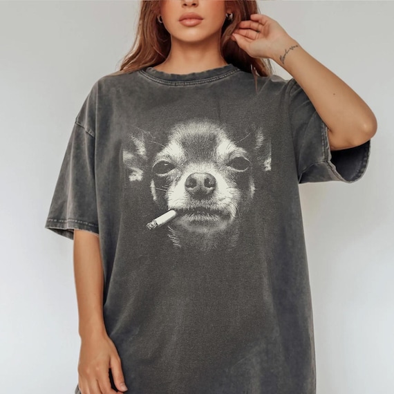 Comfort Colors Smoking Chihuahua Shirt, Vintage Y2K Grunge Dog Graphic Tee, Funny Edgy Meme Gift