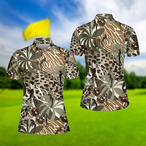 Women Leopard Tropical Leaves Polo Shirt, Women Golf Shirt, Summer Golf Polo Shirt