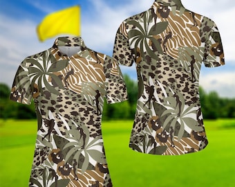 Polo de golf para mujer con estampado tropical de leopardo: corte entallado