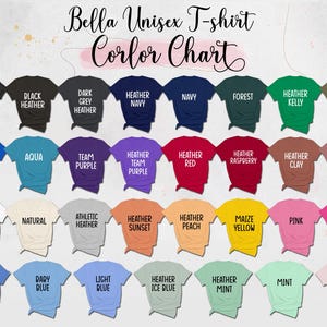 May include: A color chart for Bella Unisex T-shirts, showcasing a variety of colors. The chart includes shades like black, navy, forest green, and pink, with the names of the colors printed on each shirt. The text "Bella Unisex T-shirt Color Chart" is at the top.