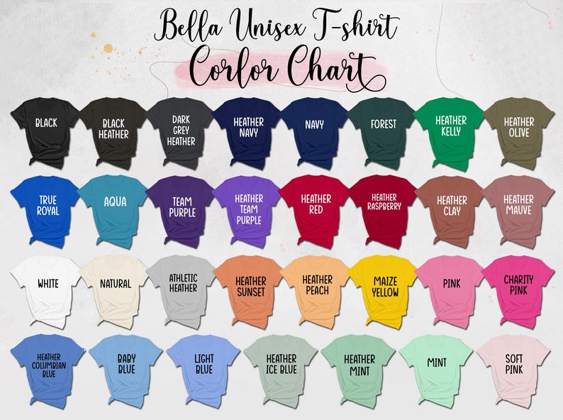 May include: A color chart for Bella Unisex T-shirts, showcasing a variety of colors. The chart includes shades like black, navy, forest green, and pink, with the names of the colors printed on each shirt. The text "Bella Unisex T-shirt Color Chart" is at the top.