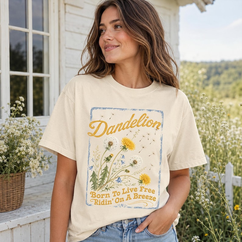 May include: Cream-colored t-shirt featuring a dandelion graphic with the word "Dandelion" in gold script. The graphic includes yellow and white dandelions, with the text "Born To Live Free Ridin' On A Breeze" below. The shirt is a relaxed fit.