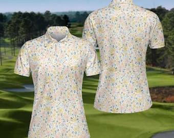 Polo de mujer con estampado de flores de crayón: estilo golf y casual.