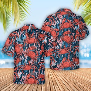 Crabs Seaweeds Hawaiian Shirt, Summer Crabs Shirt, Marine Animals Shirt, Seafood Hawaiian Shirt