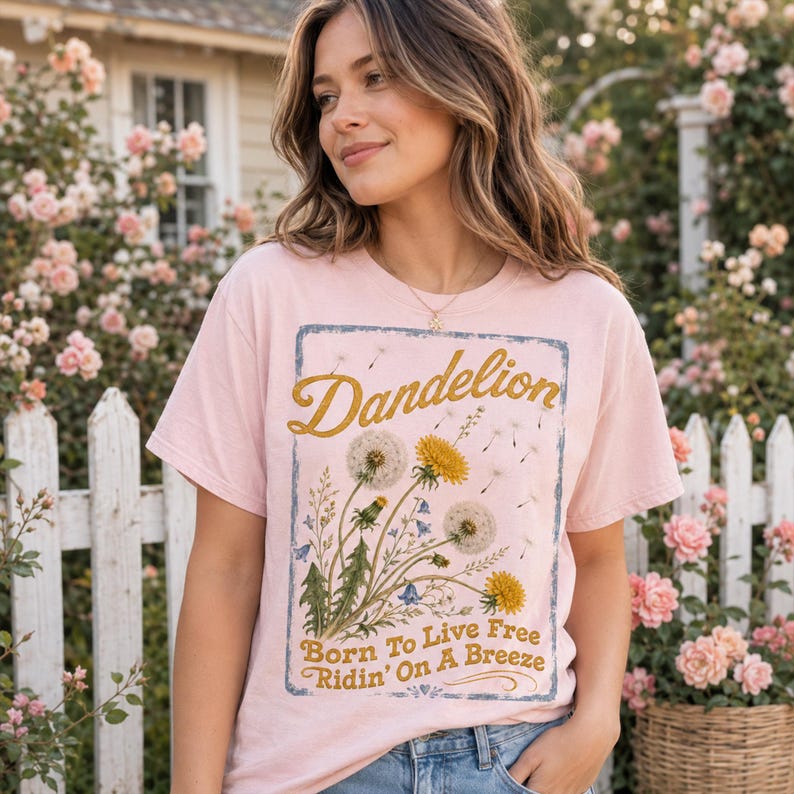 May include: A light pink t-shirt featuring a dandelion design. The design includes the word "Dandelion" in gold script, along with illustrations of dandelions and the text "Born To Live Free Ridin' On A Breeze".