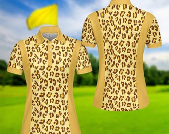 Camisa polo feminina de golfe com estampa de leopardo: malha piqué amarelo-ouro
