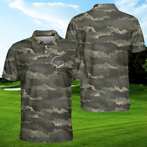 Skull Golf Polo Shirt: Men&#39;s Military Style, Gift for Golfer