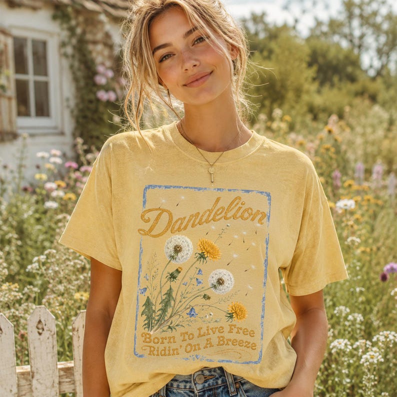 May include: Yellow t-shirt with a dandelion graphic. The graphic includes the word "Dandelion" in a script font, along with illustrations of dandelions and the text "Born To Live Free Ridin' On A Breeze."