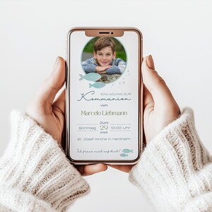 invito digitale e-card comunione minimalista | Foto pesce blu verde marittimo | Modello di download immediato sostenibile personalizzato Canva