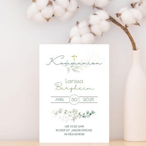 Cartão eletrônico de convite de comunhão DIN A6 | Comunhão elegante | Ramo de eucalipto ouro| modelo de download instantâneo sustentável personalizado Canva