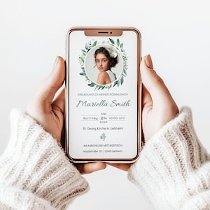 invitación digital e-card comunión eucalipto| Foto Niña Niño | Plantilla de descarga instantánea personalizada y sostenible de Canva