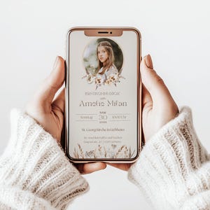 digitale Einladung E-Card Kommunion minimalistisch | Foto Boho Vintage Mädchen | personalisiert nachhaltig Sofort Download Vorlage Canva