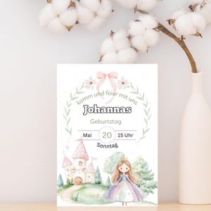 Uitnodiging voor kinderverjaardag meisje prinses sprookjesfeest verjaardag WhatsApp e-card gepersonaliseerd direct downloaden digitaal Canva-sjabloon