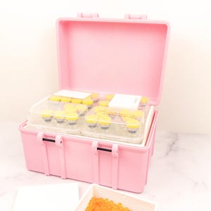 Peut inclure: Une mallette de rangement rectangulaire rose clair avec un couvercle ouvert, contenant deux plateaux en plastique transparent remplis de petits flacons à bouchons jaunes. Un plateau blanc rempli de petites perles orange est au premier plan.