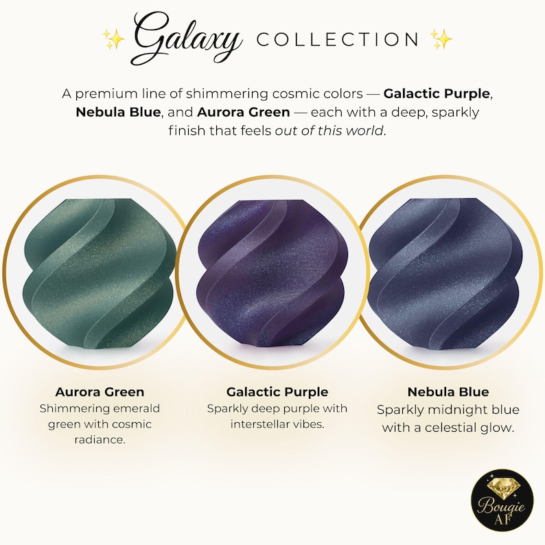 May include: The Galaxy Collection features three shimmering colors: Aurora Green, Galactic Purple, and Nebula Blue. Each color has a deep, sparkly finish. The text on the image says "Galaxy Collection".