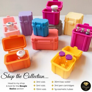 May include: An assortment of colorful, small plastic containers, some open and some closed, each holding a small vial. The containers are in shades of pink, orange, blue, yellow, and purple. Text on the image reads "Shop the Collection..." and lists vial sizes.