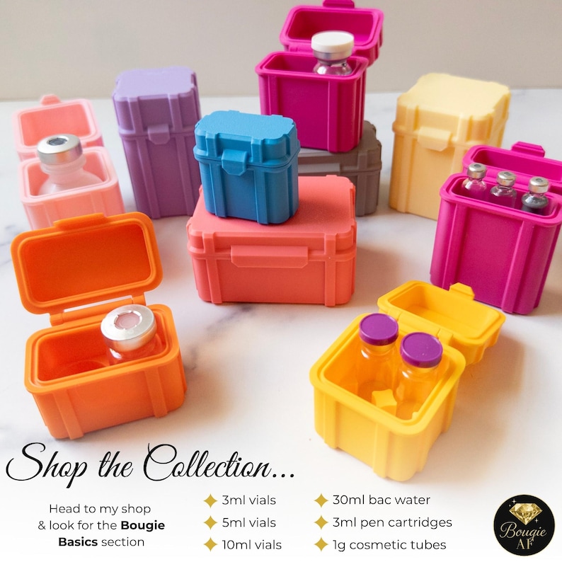 May include: An assortment of colorful, small plastic containers, some open and some closed, each holding a small vial. The containers are in shades of pink, orange, blue, yellow, and purple. Text on the image reads "Shop the Collection..." and lists vial sizes.