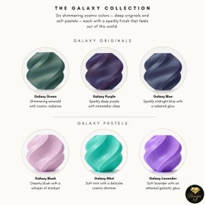 May include: The Galaxy Collection features six shimmering cosmic colors. The image displays six swirl-shaped products in shades of green, purple, blue, pink, mint, and lavender. Each product is labeled with its color name and a descriptive phrase.