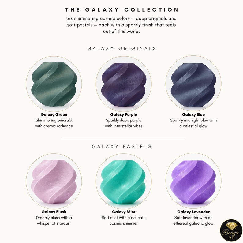 May include: The Galaxy Collection features six shimmering cosmic colors. The image displays six swirl-shaped products in shades of green, purple, blue, pink, mint, and lavender. Each product is labeled with its color name and a descriptive phrase.