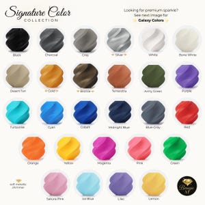 May include: A color chart featuring a variety of soft metallic shimmer colors. The "Signature Color Collection" includes shades like black, charcoal, gray, silver, white, bone white, desert tan, gold, bronze, terracotta, army green, and purple.