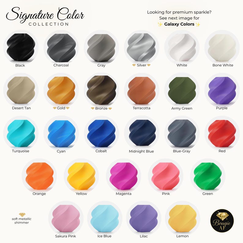 May include: A color chart featuring a variety of soft metallic shimmer colors. The "Signature Color Collection" includes shades like black, charcoal, gray, silver, white, bone white, desert tan, gold, bronze, terracotta, army green, and purple.