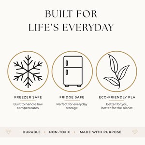 May include: An image with the text "BUILT FOR LIFE'S EVERYDAY". It features three circular icons: a snowflake, a refrigerator, and leaves. Text below the icons reads "FREEZER SAFE", "FRIDGE SAFE", and "ECO-FRIENDLY PLA". Additional text includes "DURABLE", "NON-TOXIC", and "MADE WITH PURPOSE".