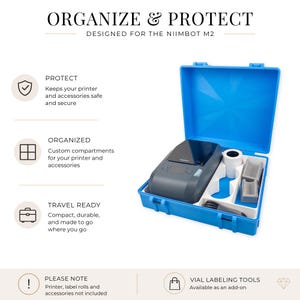 K&ouml;nnte beinhalten: Eine blaue Transportbox mit der Aufschrift "ORGANIZE & PROTECT" und "DESIGNED FOR THE NIIMBOT M2". Sie enth&auml;lt einen grauen Etikettendrucker und Zubeh&ouml;r. Die Box bietet organisierte F&auml;cher und ist reisefertig.