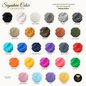 May include: A color chart from the Signature Color Collection, featuring a variety of soft metallic shimmer colors. The chart includes colors like black, white, gold, red, and green, with each color displayed in a unique, textured design.