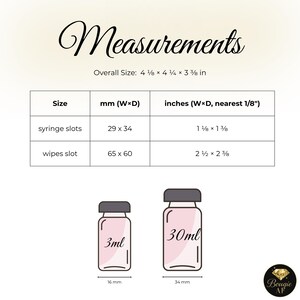 May include: An illustration with the word "Measurements" at the top. The overall size is 4 7/8 x 4 1/4 x 3 3/8 inches. It includes a table with dimensions in mm and inches for syringe and wipes slots. Two pink bottles are shown, one labeled 3ml and the other 30ml.
