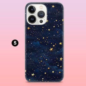 May include: A phone case with a dark blue background and a pattern of gold stars and clouds. The case has a clear border and a camera cutout. The number 5 is in a black circle on the left side of the case.